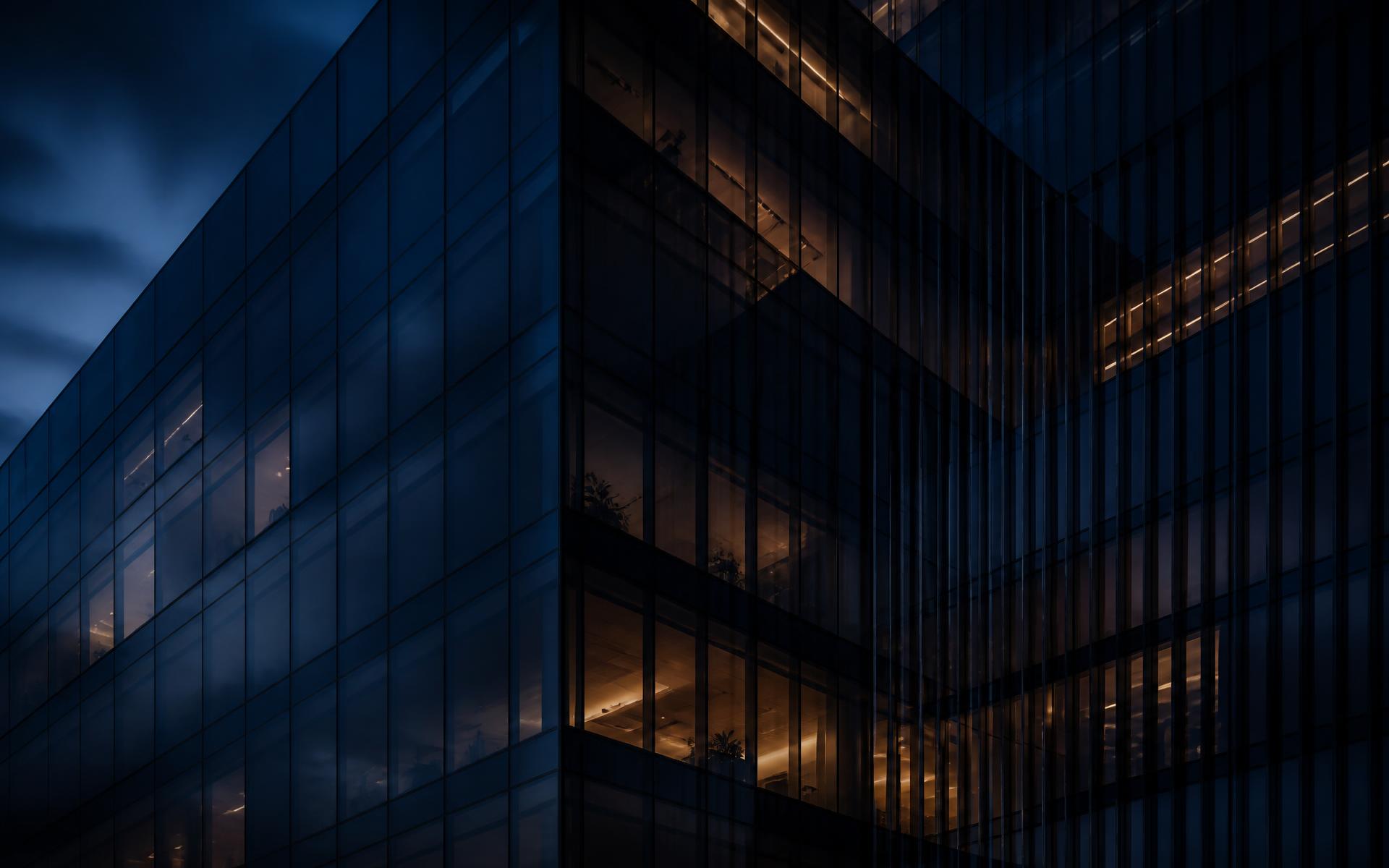 Modern glass corporate tower at dusk