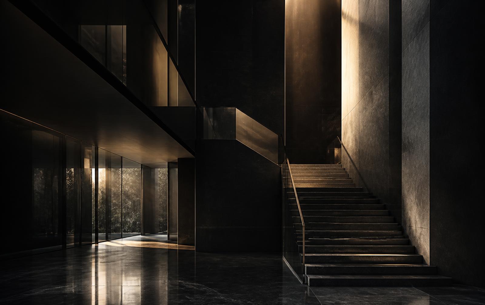 Dark stone and glass lobby interior
